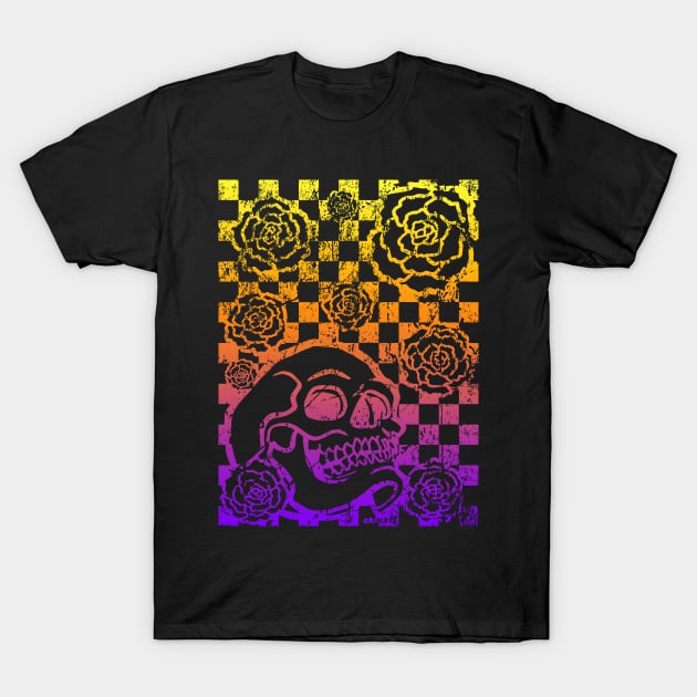 Skull and Roses Checkerboard (Sunset Version) T-Shirt by Jan Grackle